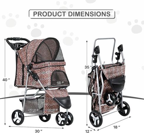 MoNiBloom 3 Wheels Pet Dog Cat Stroller for Small Medium Dogs Cats, Lightweight Foldable Jogger Stroller w/Storage Basket & Cup Holder, Leopard Print in Saudi Arabia