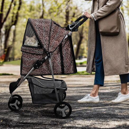 MoNiBloom 3 Wheels Pet Dog Cat Stroller for Small Medium Dogs Cats, Lightweight Foldable Jogger Stroller w/Storage Basket & Cup Holder, Leopard Print in Saudi Arabia