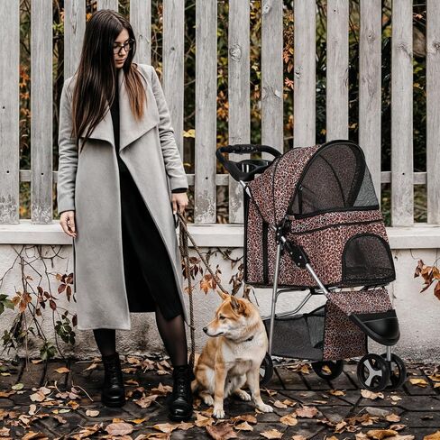 MoNiBloom 3 Wheels Pet Dog Cat Stroller for Small Medium Dogs Cats, Lightweight Foldable Jogger Stroller w/Storage Basket & Cup Holder, Leopard Print in Saudi Arabia