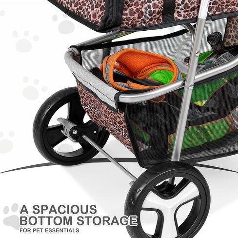MoNiBloom 3 Wheels Pet Dog Cat Stroller for Small Medium Dogs Cats, Lightweight Foldable Jogger Stroller w/Storage Basket & Cup Holder, Leopard Print in Saudi Arabia