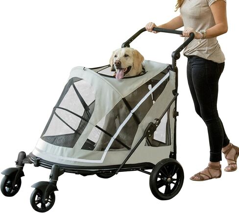 Pet Gear NO-Zip Pet Stroller with Dual Entry, Push Button Zipperless Entry for Single or Multiple Dogs/Cats, Pet Can Easily Walk in/Out, No Need to Lift Pet, Gel-Filled Tires, Pebble in Kuwait