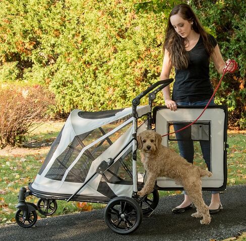 Pet Gear NO-Zip Pet Stroller with Dual Entry, Push Button Zipperless Entry for Single or Multiple Dogs/Cats, Pet Can Easily Walk in/Out, No Need to Lift Pet, Gel-Filled Tires, Pebble in Kuwait