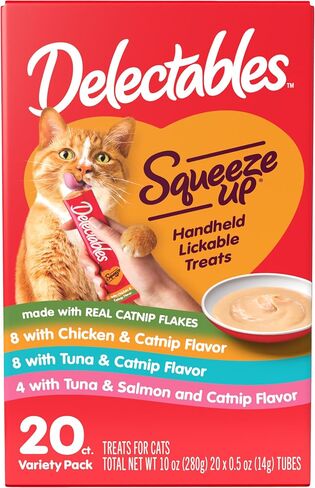 Delectables Squeeze Up Catnip Variety Pack, Creamy Squeezable Puree, Lickable Wet Cat Treats, Grain Free, No Added Fillers, No by-Products, No Added Preservatives, 0.5 Ounces Tube, 20 Tubes Total in Kuwait