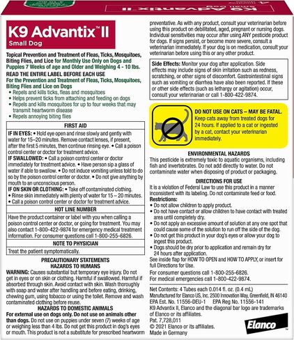 K9 Advantix II Small Dog Dog Det-Negted-Negted و Tick & Usfquito Treatment and Prevention | الكلاب 4-10 رطل. | 2-MO العرض in Kuwait