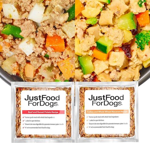 JustFoodForDogs Frozen Fresh Dog Food, Complete Meal or Dog Food Topper, Beef & Russet Potato/Turkey & Whole Wheat Macaroni Human Grade Dog Food Recipe, 5.5 oz (Pack of 36) in Saudi Arabia