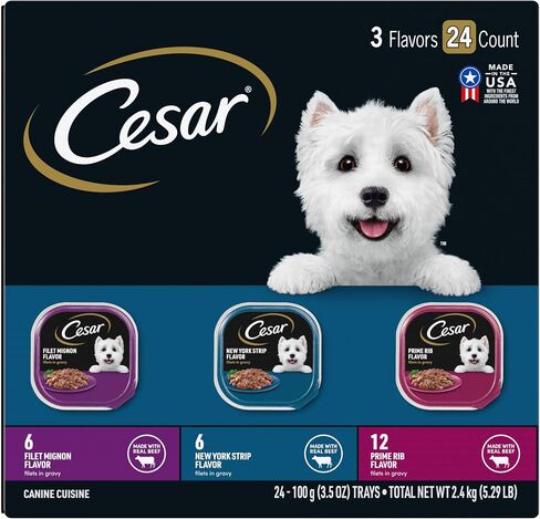 CESAR Adult Soft Wet Dog Food Filets in Gravy Variety Pack, Filet Mignon, New York Strip and Prime Rib Flavors, (24) 3.5 oz. Trays in Kuwait