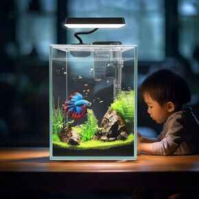 Glass Betta Aquarium Starter Kits 1.5 Gallon Small Fish Tank, Betta Fish Tank with LED Light, Power Filter, Black. 4mm Glass