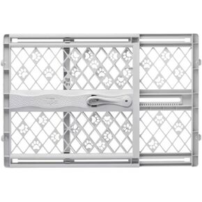 MYPET North States Paws Portable Pet Gate: 26-40" Wide. Pressure Mount. No tools needed. Made in USA. Dog Gate 23" Tall, Expandable, Durable Dog Gates for Doorways, Light Gray