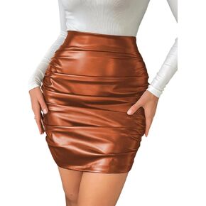 Women's High Waisted Bodycon Mini Skirt Faux Leather Classic Pleated PU Skirt