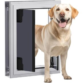 Large Dog Door, Energy Efficient French Dog Door with Aluminum Frame, Telescoping Tunnel, Magnetic Flaps and Sliding Lock Panel (Large)