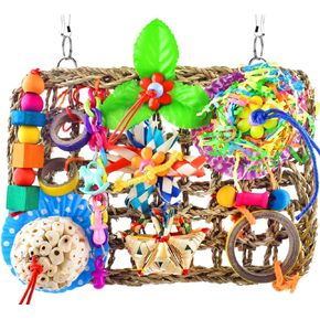 KATUMO Bird Toys, Large-Sized Parrot Foraging Wall Grass Mat Conure Chewing Hanging Toys Cockatiel Climb Hammock Parakeet Toys for Small-Medium Birds