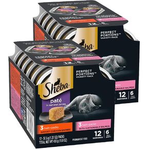 Sheba Perfect Portions Wet Cat Food Pate With Sustainable Salmon, Signature Seafood Entree, and Tender White Fish and Tuna Entree Variety Pack, 2.6 oz. Twin Pack Trays (24 Count, 48 Servings)