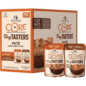 Wellness CORE Tiny Tasters Wet Cat Food Topper, Grain Free, Complete & Balanced Nutrition Made with Real Meat, No-Mess Pouches, (Adult Cat, Land Variety Pack), 1.75 Ounce (Pack of 12)
