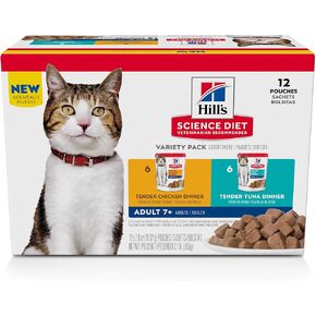 Hill's Science Diet Adult 7+, Senior Adult 7+ Premium Nutrition, Wet Cat Food, Variety Case: Chicken; Tuna Stew, 2.8 oz Pouch Variety Case, Case of 12