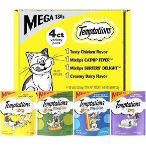 Temptations Classics and MixUps Crunchy and Soft Cat Treats Variety Mega Pack, (4) 6.3 oz. Pouches