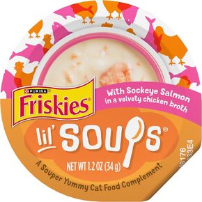 Purina Friskies Grain Free Lickable Cat Food Toppers Lil’ Soups With Sockeye Salmon in Chicken Broth - (Pack of 8) 1.2 oz. Cups