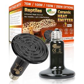 High Efficiency 150W Reptile Heat Lamp Bulbs, Pack of 2 Ceramic Heat Emitters for Reptile Geckos, Lizard, Iguana, Bearded Dragon & Pets Basking (Black, 150 Watts)