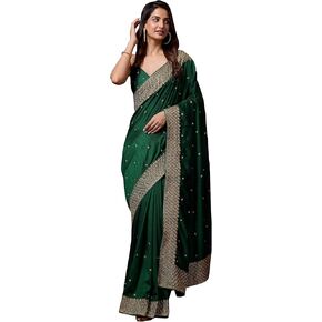 TRENDMALLS Women's Vichitra Silk Embroidery work Saree with Unstitch Blouse Piece (K1090-DarkGreen)