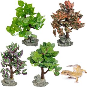 PINVNBY 5 PCS Reptile Plants for Terrarium, Amphibian Habitat Plastic Plants Decor with Base Bearded Dragon Tank Accessories for Crested Gecko Leopard Lizard Chameleon SnakeTortoise