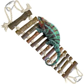 SunGrow Gecko Wooden Ladder Bridge, 14 x 3 inches, Exercise Gym, Interactive Swing Perch for Resting, Metal Clasps for Hanging, Vertical Stairs for Climbing