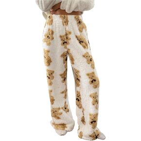 Verdusa Women's Bear Print Teddy Plush Fuzzy Fleece Wide Leg Lounge Long Pants Pajama Pants