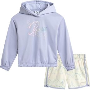 PUMA Girls Active Shorts Set - 2 Piece Performance Pullover Hoodie and Athletic Shorts - Cute Athletic Outfit for Girls (S-L)