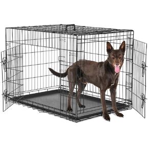 Sweetcrispy 24-Inch Double-Door Iron Dog Crate – Heavy-Duty Metal Kennel with Secure Locks, Foldable Design, & Removable Tray for Easy Cleaning, Durable Pet Cage for Home or Travel
