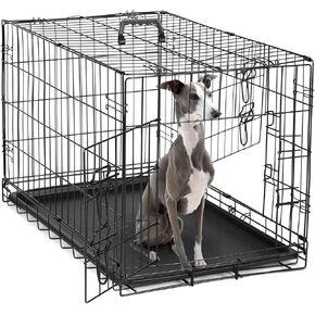 DUMOS 24-Inch Dog Crate, Small Double-Door Folding Metal Kennel with Divider Panel and Leak-Proof Pan, Portable Dog Cage for Indoor, Outdoor, and Travel
