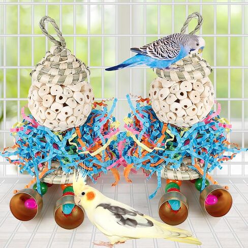 Bird Toys,2PCS Conure Toys Hanging Natural Soft Sola Ball Beak Chew Shred Forage Toys for Parrots,Cockatiel,Conure,Love Birds,Parakeets,Budgie and Other Small Birds in Kuwait