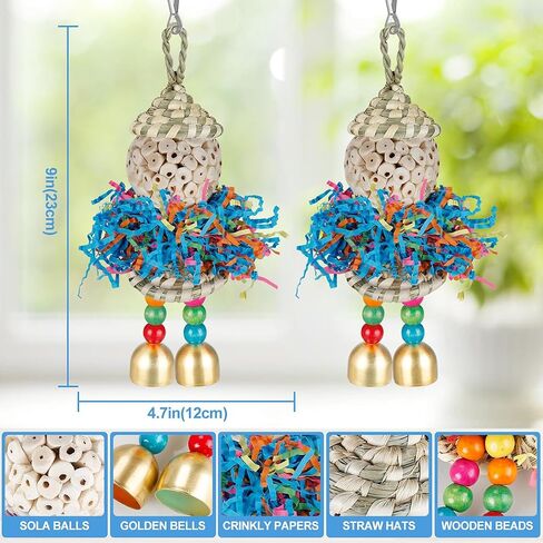 Bird Toys,2PCS Conure Toys Hanging Natural Soft Sola Ball Beak Chew Shred Forage Toys for Parrots,Cockatiel,Conure,Love Birds,Parakeets,Budgie and Other Small Birds in Kuwait
