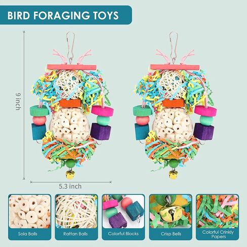 Bird Toys,2PCS Conure Toys Hanging Natural Soft Sola Ball Beak Chew Shred Forage Toys for Parrots,Cockatiel,Conure,Love Birds,Parakeets,Budgie and Other Small Birds in Kuwait
