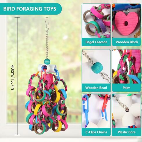 lovyoCoCo Bird Toys Conure Toys,Bird Parrot Foraging Shredder 24 Pcs Colorful Bagel Chewy Rings for Small Parrots Parakeets Conures Cockatiels Love Bird Cage Accessies (W) in Kuwait