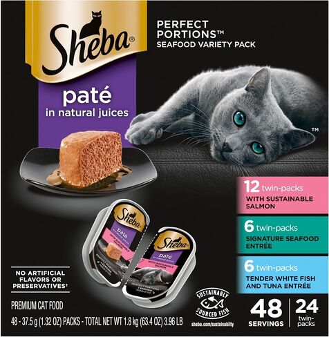 Sheba Perfect Portions Wet Cat Food Pate With Sustainable Salmon, Signature Seafood Entree, and Tender White Fish and Tuna Entree Variety Pack, 2.6 oz. Twin Pack Trays (24 Count, 48 Servings) in Saudi Arabia