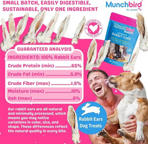 Dehydrated Rabbit Ears 100g (3.5 oz) 12-15 pcs for Dogs & Cats, European Furry Rabbit Ear Natural Fiber for Dogs, Rawhide Free Alternative to Pig Ears for Dogs, Ear Size Varies in Kuwait