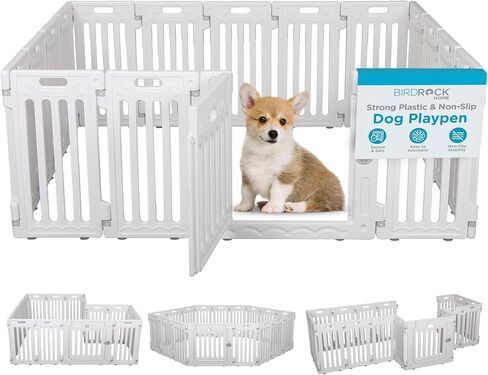 BIRDROCK HOME Dog Playpen w/Door, 12 Panel, 25.6in H | Strong Plastic, Non-Slip Puppy Playpen, Secure Pet Gate | Indoor Outdoor Fence | Configurable Panels | Small to Medium Pets - White in Saudi Arabia