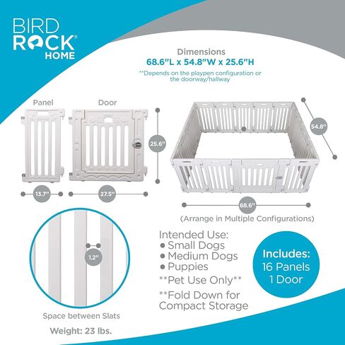 BIRDROCK HOME Dog Playpen w/Door, 12 Panel, 25.6in H | Strong Plastic, Non-Slip Puppy Playpen, Secure Pet Gate | Indoor Outdoor Fence | Configurable Panels | Small to Medium Pets - White in Saudi Arabia