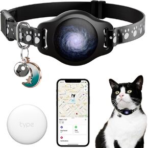 Cat Tracker Collar - Tracking Pet Collar with Finder Tag Waterproof, No Monthly Fee, Compatible with Apple Find My (iOS Only), Breakaway Tractive Cat Collar with Reflective Pattern & Bell, Black