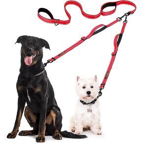 Double Dog Leash – Adjustable Length Long Leash for Dog Training – Dual Reflective Dog Leash with Non-Tangle Design – Heavy Duty Nylon – Ideal (Red, 2 dog leash with handle (10-100 Lbs))