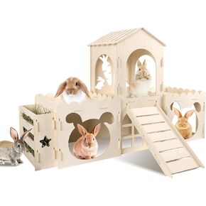 Extra Large Rabbit Castle, Wooden Bunny House & Hay Feeder, Detachable Rabbit Hideaway, Indoor Rabbit Castle with Ramp, Small Animal Houses & Habitats in Saudi Arabia