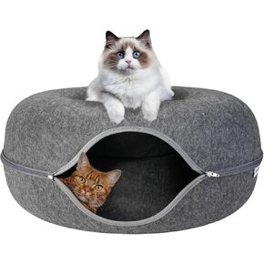 ESPIDO-Premium Cat Cave for Small Pets, Multifunctional Donut Tunnel Bed for Indoor Pets, Round Felt Pet Cave with Premium Zipper, for Pets up to 40 Lbs (24x24x11 Inch) (Light Gray)
