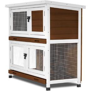 2 Story Solid Wood Rabbit/Bunny Hutch with 2 Large Main Rooms, Indoor Outdoor Rabbit House Guinea Pig Cage Pet House for Small Animals with Ventilation Door Removable Tray Waterproof Roof (Grey)