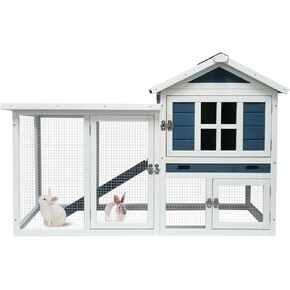 Rabbit Hutch 2-Story Bunny Cage Small Animal House for Indoor Outdoor Wooden Rabbit Cage with No Leak Tray Waterproof Roof (56.8" L x 22.5" W x 34.7" H, Grey Blue&White)