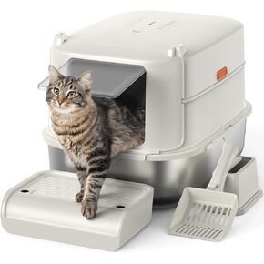 Stainless Steel Cat Litter Box with Lid, XL Extra Large Litter Box for Big Cats, Enclosed Metal Kitty Litter Box with High Sided Enclosure & Scoop, Anti-Leakage, Non-Sticky, Easy Cleaning Gray
