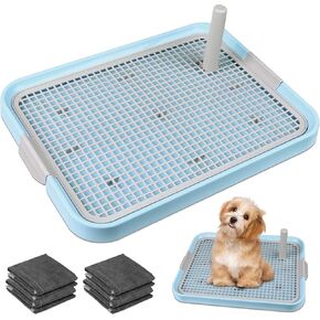 Dog Potty Tray Toilet 20"x14" Doggy Bathroom Dog Litter Box, Indoor Pee Pad Holder with 8pcs Training Pads, Puppy Pee Mesh Potty Tray with Secure Latch, Dog Potty Pan for Small Medium Puppie - Blue