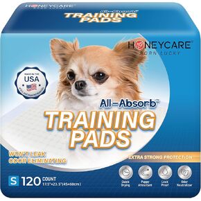Honey Care All-Absorb, Small 17.5" x 23.5", 120 Count, Dog and Puppy Training Pads, Ultra Absorbent and Odor Eliminating, Leak-Proof 5-Layer Potty Training Pads with Quick-Dry Surface, Blue, A05