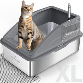 Stainless Steel Litter Box | XL Enclosed Cat Litter Box with Lid for Big Cats | High Sided, Anti-Urine Leakage | Non-Stick Bottom & Includes Litter Mat & Metal Scoop