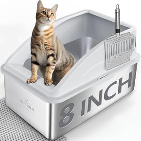 Stainless Steel Litter Box | XL Enclosed Cat Litter Box with Lid for Big Cats | High Sided, Anti-Urine Leakage | Non-Stick Bottom & Includes Litter Mat & Metal Scoop