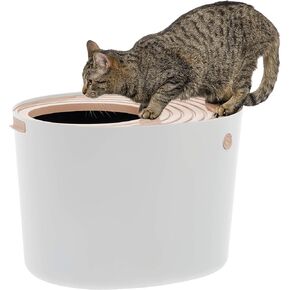 IRIS USA Cat Litter Box, Top Entry Litter Box with Scoop, Stylish Round Cat Litter Box Enclosure, Kitty Litter Box, White/Beige