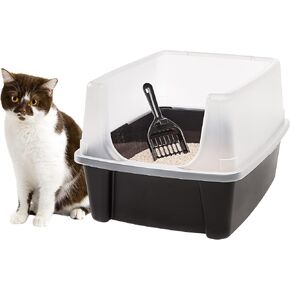 IRIS USA Large Cat Litter Box with Scatter Shield and Scoop, Open Top High Sided Cat Litter Pan, Black