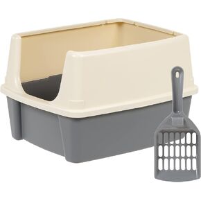 Amazon Basics Large Cat Litter Box with High Sides, Open Top, Includes Scoop, 19 x 15 x 11.75 inches, Grey/Beige